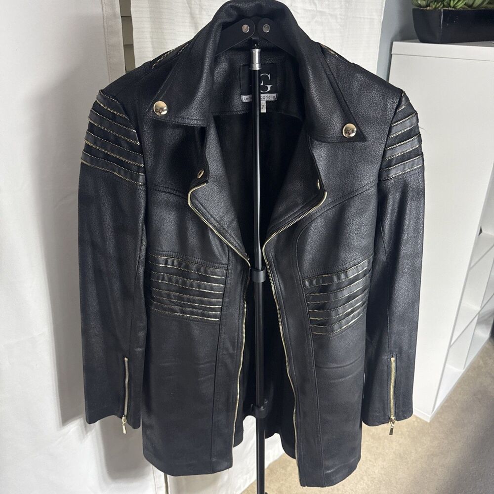 Lena Gabrielle Black Studded Faux Leather Jacket Lined Pockets Size 6